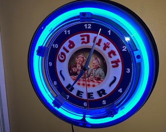 Old Dutch Beer Bar Advertising Man Cave Blue Neon Wall Clock Sign