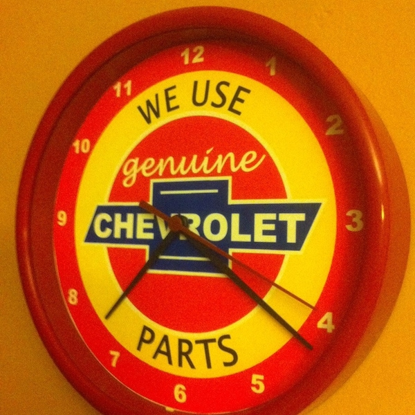 Chevy Chevrolet OldLogo Motors Auto Mechanic Garage Bar Advertising Man Cave RED Wall Clock Sign