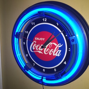 Enjoy Coca Cola Soda Fountain Diner Bar Advertising Man Cave Blue Neon Wall Clock Sign