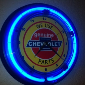 Chevrolet Chevy OldLogo Motors Auto Mechanic Garage Bar Advertising Man Cave Blue Neon Wall Clock Sign