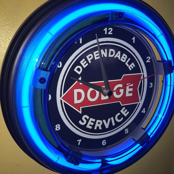 Dodge Dependable Service Mopar Motors Auto Mechanic Garage Bar Advertising Man Cave Blue Neon Wall Clock Sign