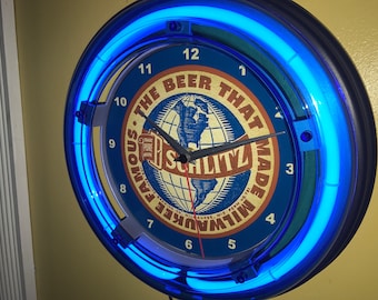 Schlitz Milwaukee Beer Bar Advertising Man Cave Blue Neon Wall Clock Sign