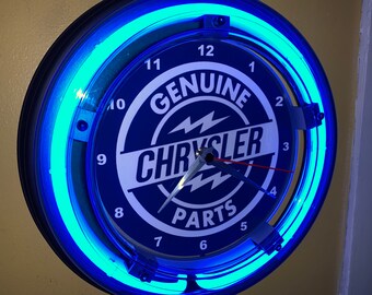 Chrysler Parts Motors Auto Mechanic Garage Bar Advertising Man Cave Blue Neon Wall Clock Sign