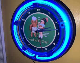 Fleischmann's Yeast Bread Bakery Kitchen Diner Restaurant Advertising Man Cave Blue Neon Wall Clock Sign