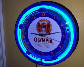 OLY Olympia Beer Bar Werbung Man Cave Blau Neon Wanduhr Zeichen