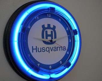 Husqvarna Husky Motorcycle Garage Bar Advertising Man Cave Blue Neon Wall Clock Sign