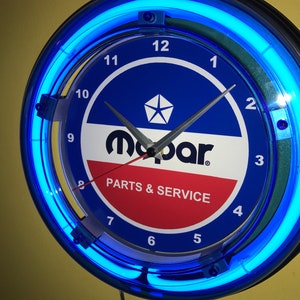 Mopar Hemi Motors Auto Mechanic Garage Bar Advertising Man Cave Blue Neon Wall Clock Sign image 1