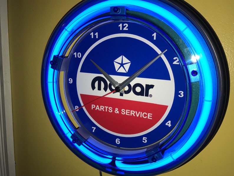 Mopar Hemi Motors Auto Mechanic Garage Bar Advertising Man Cave Blue Neon Wall Clock Sign image 1