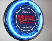 Veedol Oil Gas Service Station Garage Bar Advertising Man Cave Blue Neon Wall Clock Sign