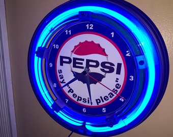 Pepsi Cola Say Please Soda Fountain Diner Kitchen Bar Advertising Man Cave Blue Neon Wall Clock Sign