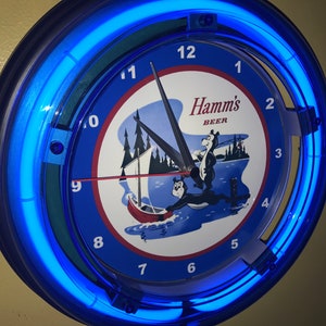 Enseigne d'horloge murale néon bleu Hamm's Bear pour bar à bière publicitaire Man Cave3