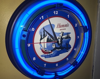 Hamm's Bear Beer Bar Advertising Man Cave Blue Neon Wall Clock Sign3