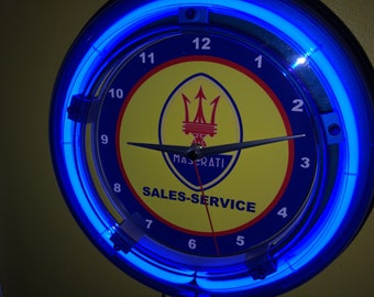 Maserati Motors Auto Mechanic Garage Bar Advertising Man Cave Blue Neon Wall Clock Sign