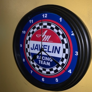 American Motors Javelin Auto Mechanic Garage Bar Advertising Man Cave Wall Clock Sign