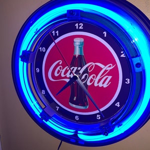 Coca Cola Coke Bottle Logo Soda Fountain Diner Kitchen Bar Advertising Man Cave Blue Neon Wall Clock Sign