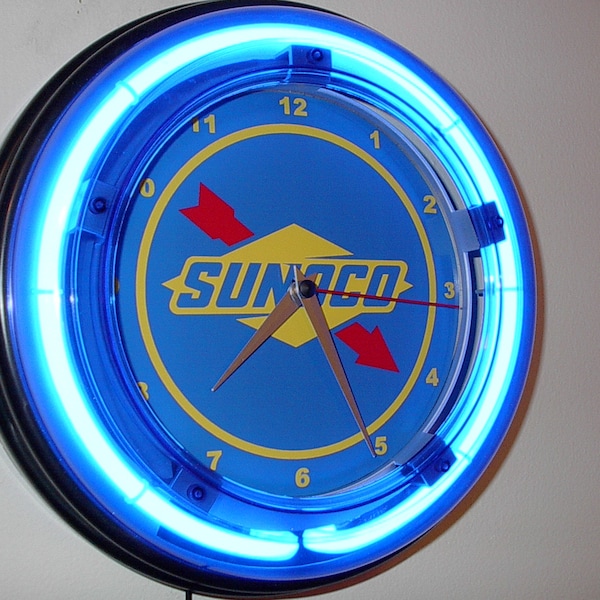 Sunoco Oil Gas Service Station Garage Bar Advertising Man Cave Blue Neon Wall Clock Sign