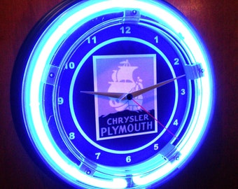 Chrysler Plymouth BoatLogo Motors Auto Mechanic Garage Bar Advertising Man Cave Blue Neon Wall Clock Sign