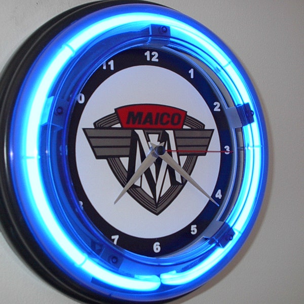 Maico Motorcycle Garage Bar Advertising Man Cave Blue Neon Wall Clock Sign