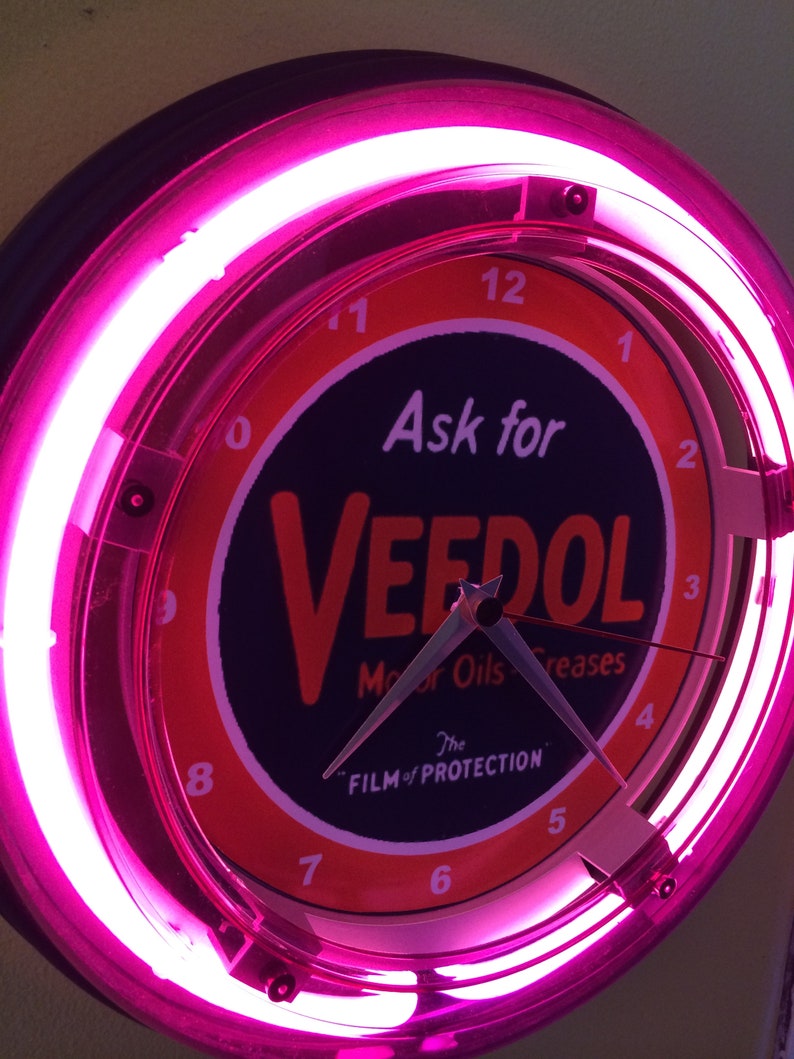 Veedol Oil Gas Service Station Garage Bar Advertising Man Cave Neon Wall Clock Sign image 3