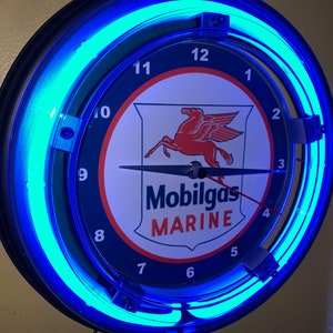 Mobil Marine Boat Marina Oil Gas Service Station Garage Bar Advertising Man Cave Blue Neon Wall Clock Sign