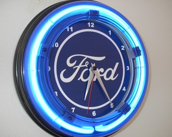 Ford FoMoCo Motors Auto Mechanic Garage Bar Advertising Man Cave Blue Neon Wall Clock Sign