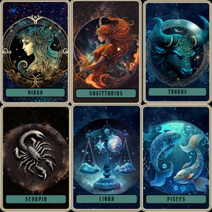 Zodiac Tarot Card Bundle PNG Sublimation Horoscope Design Celestial Star Sign Design - Transparent Background
