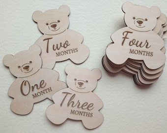 12 Cute Teddy Shaped Wooden Monthly Milestone Discs Set Token Keepsake Baby Shower New Babies Wood Engraved Gift Present Birthday Handmade