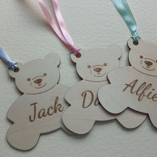 Personalised Wooden Teddy Bear Tag Wood Name Engraved Gift Present Birthday Baby Shower Handmade Kids Bag Ribbon String 1st