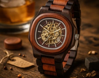 Benutzerdefinierte Holzuhr, gravierte mechanische Herrenuhr, Jubiläumsgeschenk für Ehemann, Hochzeitsgeschenk für Bräutigam, Skeleton Zifferblatt, Papa Geschenk