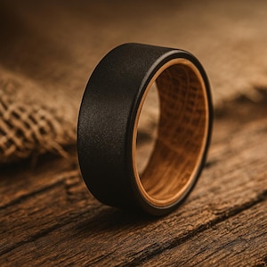 ブラックウイスキー樽リング、ユニークなメンズ結婚指輪、メンズ木製リング、メンズタングステン結婚指輪、メンズ婚約指輪、8mm