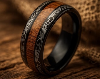 Black Whiskey Barrel Rings, Unique Men Wedding Band, Mens Wooden Promise Ring, Tungsten Wedding Bands for Men, Mens Engagement Ring For Him