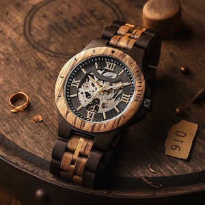 Personalized Watch. Wooden Watch. Handcrafted Mechanical Watch. Skeleton Automatic Movement. Anniversary Gift. Custom Gift for Husband image 3