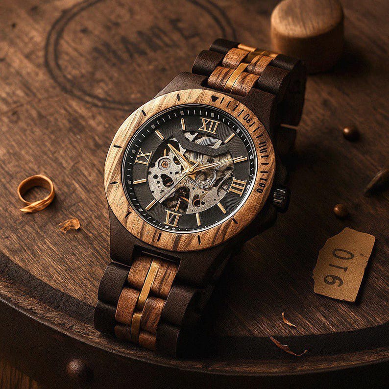 Personalized Watch. Wooden Watch. Handcrafted Mechanical Watch. Skeleton Automatic Movement. Anniversary Gift. Custom Gift for Husband image 3