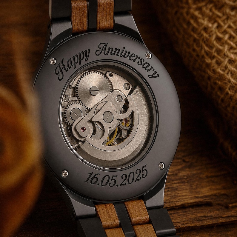 Personalized Watch. Wooden Watch. Handcrafted Mechanical Watch. Skeleton Automatic Movement. Anniversary Gift. Custom Gift for Husband Watch