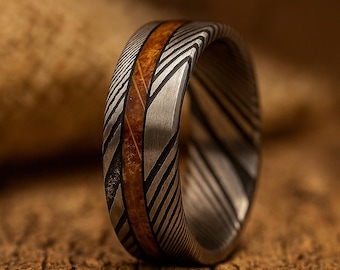 Damascus Whiskey Barrel Ring, Engagement Ring, Wood Wedding Band, Damascus Steel Ring, Husband Ring, Wood Grain Men’s Wedding Band 8mm