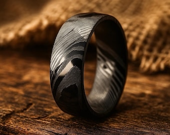 Black Damascus Steel Ring, Hammered Damascus Band, Men Wedding Ring, Handmade Damascus Ring, Engagement Ring Men, Black Hammered Ring, 8mm