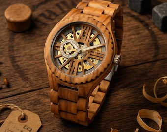 Skeleton Dial Timepiece. Engraved Wooden Watch. Mechanical Watch for Men – Personalized Wood Watch. Father’s Day Gift.