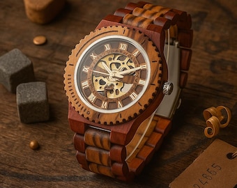 Benutzerdefinierte Holzuhr, personalisierte mechanische Herrenuhr, Geschenk zum 5