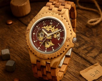 Engraved Wooden Watch. Automatic Mechanical Watch for Men – Skeleton Dial Timepiece – Personalized Wood Watch. Father’s Day Gift.