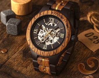 Orologio personalizzato. Orologio in legno. Orologio meccanico artigianale. Movimento automatico scheletrato. Regalo di anniversario. Regalo personalizzato per il marito.