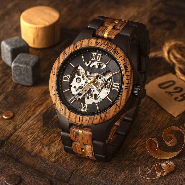 Personalized Watch. Wooden Watch. Handcrafted Mechanical Watch. Skeleton Automatic Movement. Anniversary Gift. Custom Gift for Husband
