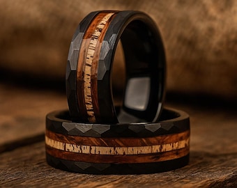 Anillo con incrustaciones de madera de barril de whisky, alianza de boda única para hombre, anillo de tungsteno con incrustaciones de madera, alianza de boda de madera, anillo de promesa para hombre, anillos de compromiso