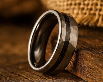 Tungsten Meteorite Ring, Meteorite wedding ring, Silver Mens Ring, Unique Wedding band, Men's wedding band meteorite. 8mm. Box Included