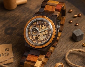 Engraved Wooden Watch. Mechanical Watch for Men – Skeleton Dial Watch – Personalized Wood Watch. Father’s Day Gift. Anniverssary Gift