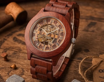 Skeleton Dial Timepiece. Engraved Wooden Watch. Mechanical Watch for Men – Personalized Wood Watch. Father’s Day Gift.