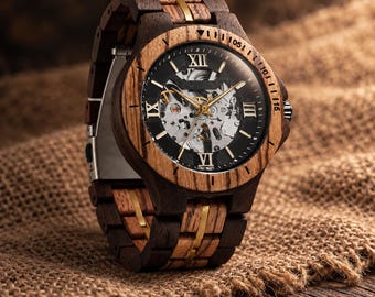 Orologio personalizzato. Orologio in legno. Orologio meccanico artigianale. Movimento automatico scheletrato. Regalo di anniversario. Regalo personalizzato per il marito.