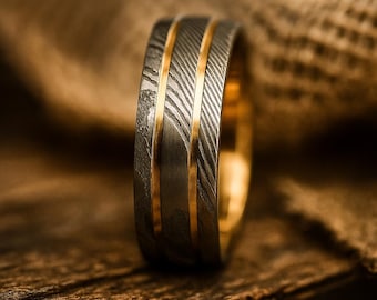 Damascus Whiskey Barrel Ring, Engagement Ring, Damascus Steel Ring, Wood Wedding Band, Wood Grain Men’s Wedding Band 8mm