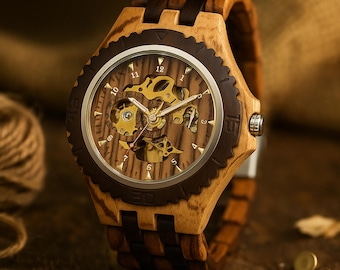 Engraved Wooden Watch. Mechanical Watch for Men – Skeleton Wood Timepiece. Personalized Watch. Anniversary Gift. Custom Gift for Husband