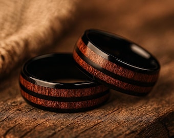 Anillo de barril de whisky quemado. Anillos de tungsteno negro, alianza de boda para hombre, anillo de madera, anillos de tungsteno para hombre, anillo de compromiso, 8 mm. Incluye caja de regalo.