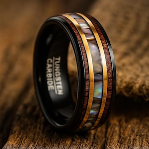 Whiskey Barrel Ring, Engagement Wood Inlay Ring, Wood Ring, Women&#39;s Wooden Wedding Ring, Wood Wedding Band, Brown Ring, Tungsten Ring, 8mm